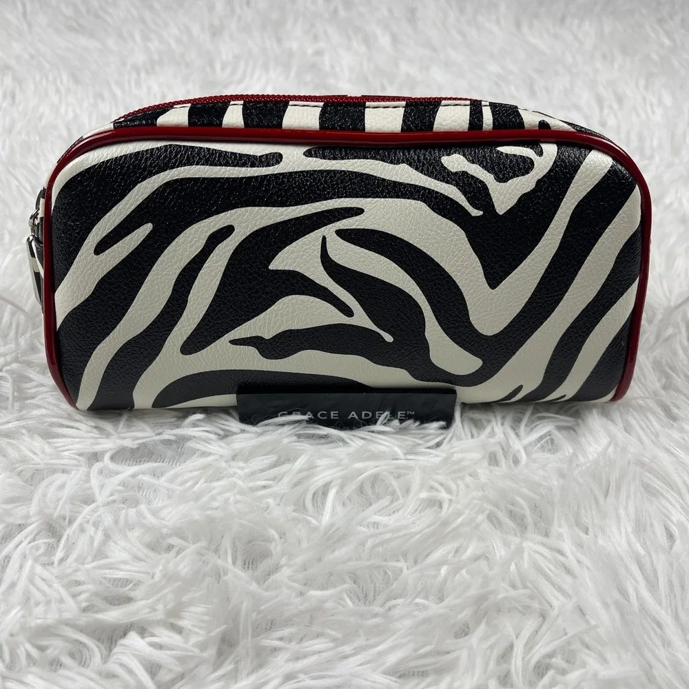 NWOT Grace Adele Zebra Print Cosmetic Bag Black‎ White Red Faux Leather Case